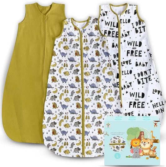 Cute Castle Baby Sleep Sack 12-18 Months - Lightweight 100% Cotton 2-Way Zipper TOG 0.5 Infant Wearable Blanket, Newborn Essentials Toddler Sleep Clothes, 3 Pack(Honey, Dinosaurs, Letters)