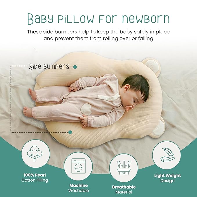 Baby Pillow (Cover+Pillow) Anti-Roll, Nursing, and Tummy Time Features, 3D Air Mesh Fabric for Breathability. Adjustable Thickness, Easy Care