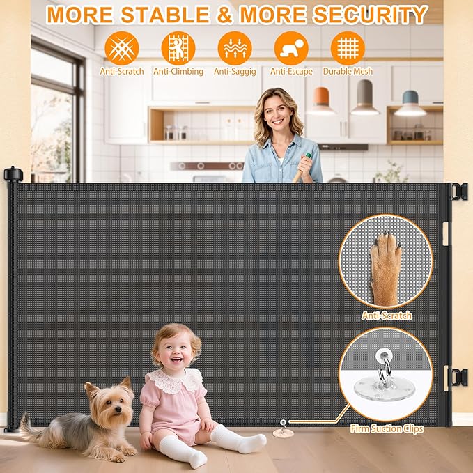 55 Inch Retractable Baby Gates Extra Wide, 41 Inch Reinforced Extra Tall Gate Mesh Safety Gate for Kids Pets, Retractable Dog Gate Baby Retractable Gate for Stair Hallway Doorway Indoor Outdoor, Black