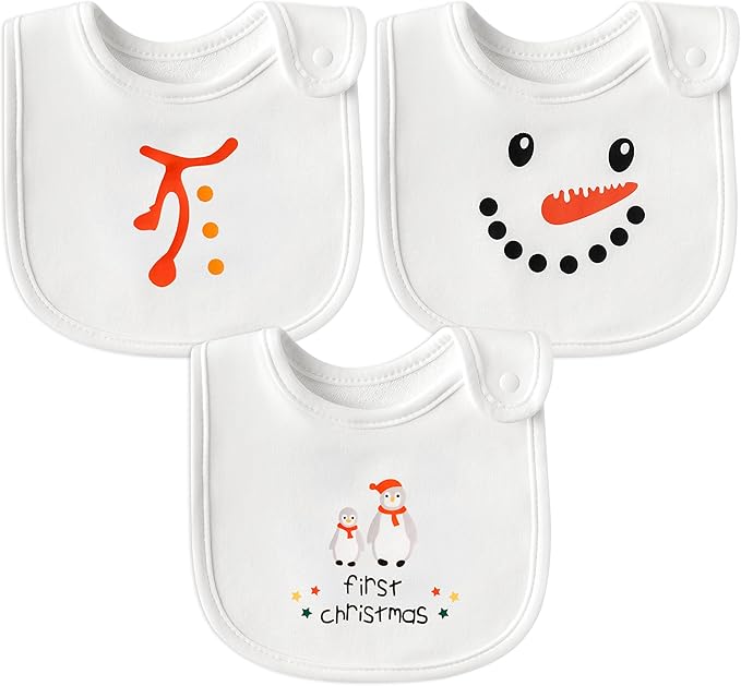 3Pcs Christmas Baby Cotton Bibs with Resin Button Newborn Infant Bibs Christmas Keepsake Baby Gift for Drooling Feeding