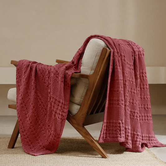 PHF 100% Cotton Waffle Weave Throw Blanket, Soft Lightweight Breathable Cozy Summer Throws for Couch Bed Sofa, Luxury Aesthetic Woven Blanket for Home Decor & Office, 50"x60", Wine Red