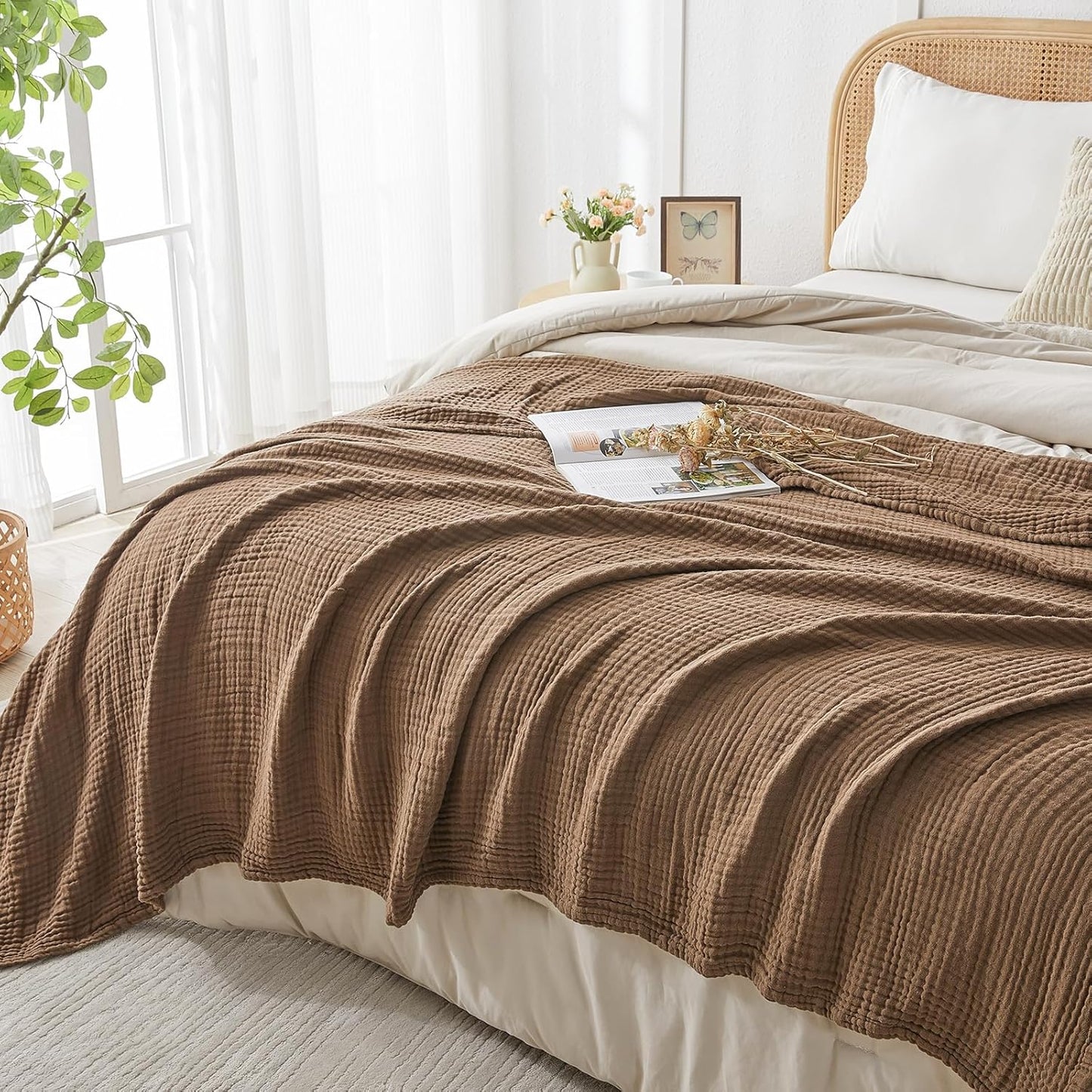 EMME Cotton Muslin Twin Blanket Breathable Gauze Blanket Soft Lightweight Blankets Adults Gifts for Women (Brown, 60"x80")