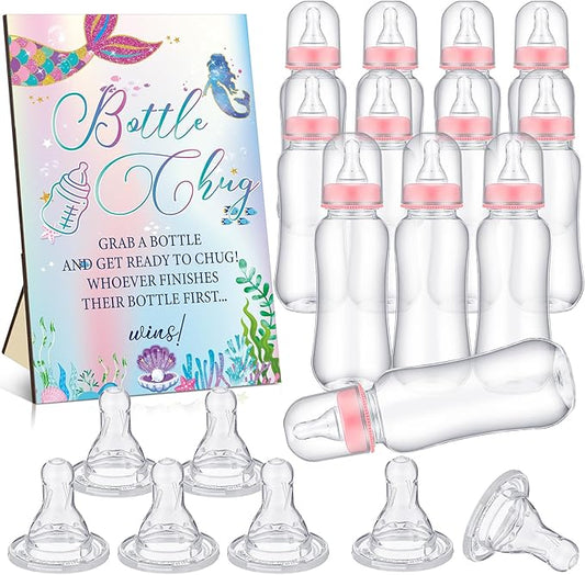 TrelaCo Mermaid Cool Baby Shower Games Bottle Chug Sign Wooden Mermaid Theme Gift Sets Gender Reveal Party Favors and 12 Pcs Baby Bottle Shower Favor for Games Gender Reveal
