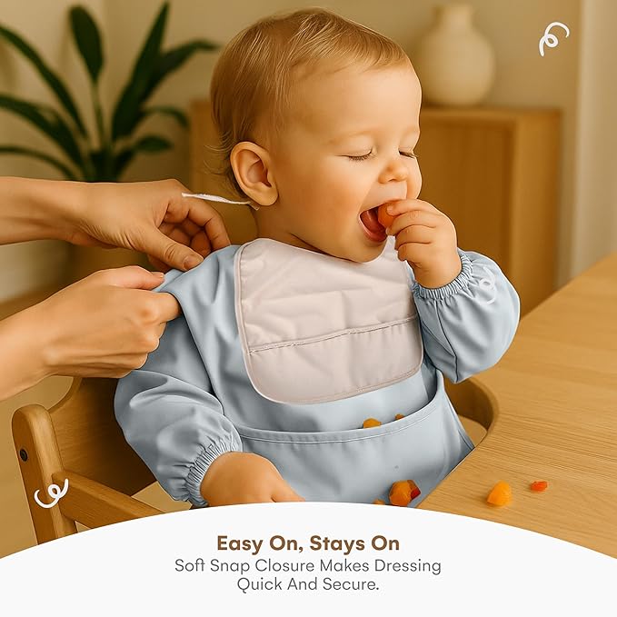 CHILDLIKE BEHAVIOR Baby Smock Bib - Waterproof Travel Buddy, Mess-Proof Feeding - Long Sleeves, Gentle Closure- Two-Layer