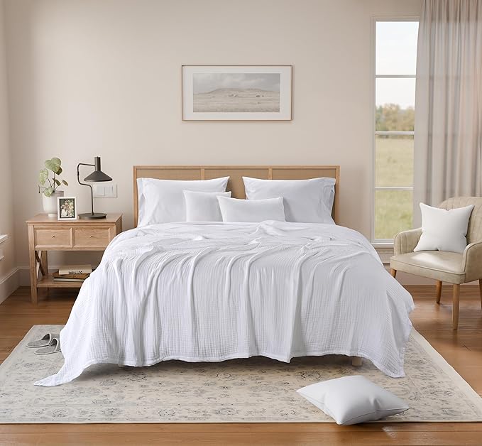 Threadmill Summer Muslin King Size Blanket | 4 Layer 100% Cotton Gauze Blanket | Lightweight, Soft, and Breathable Muslin Blanket for All Seasons | White