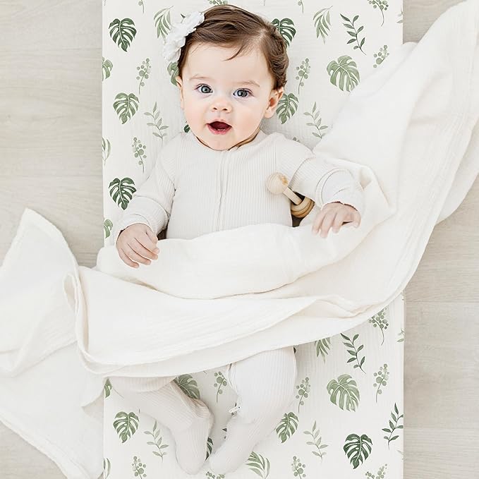 3 Pack Muslin Changing Pad Covers for Girl, Boy, 100% Soft Cotton Changing Table Cover, Breathable Baby Nursery Diaper Chang Pad Sheets (Leaf)