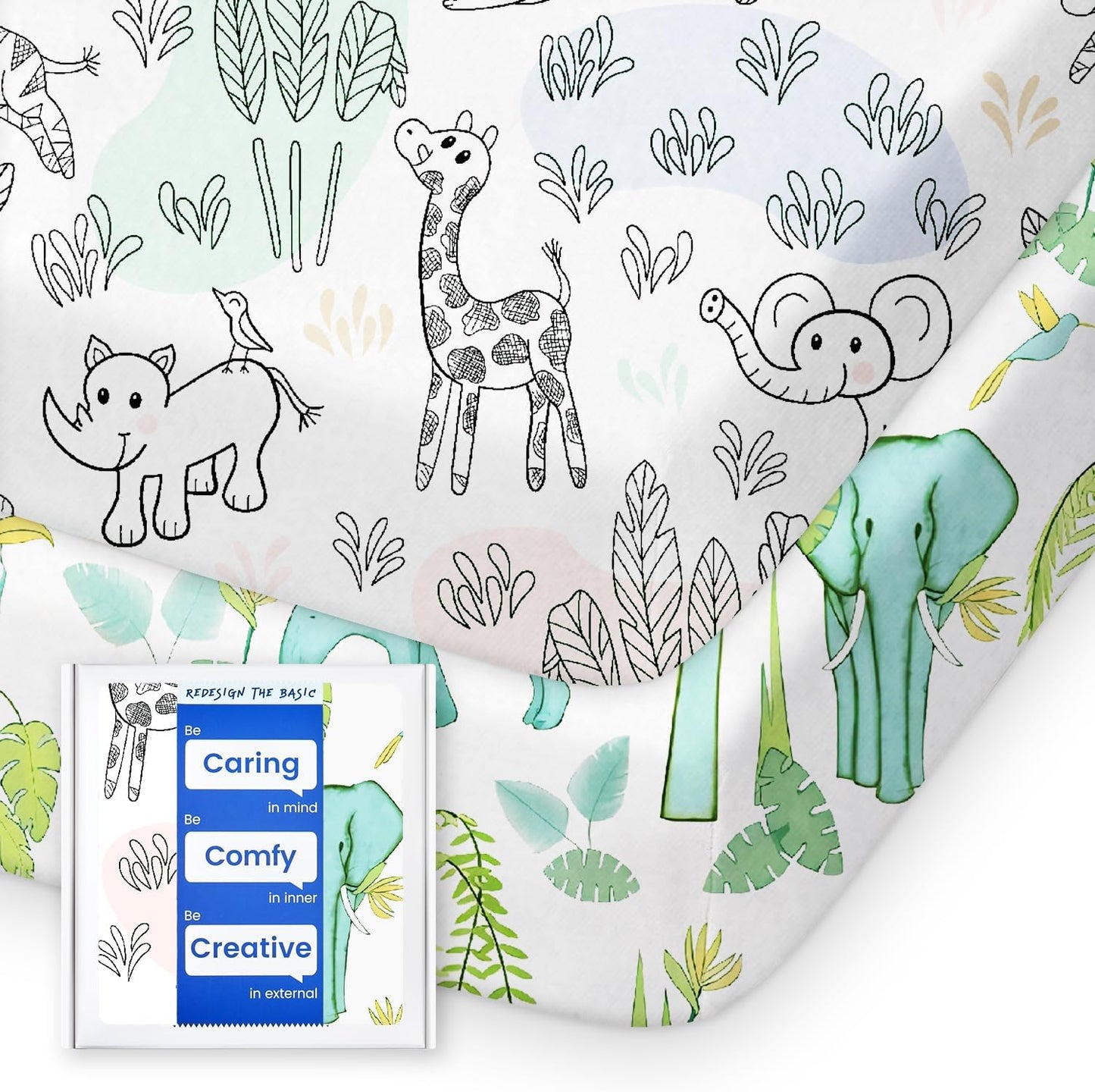 Mini Crib Sheets Boy Girl, Ultra Soft Pack N Play Sheets Fitted, Neutral Pack and Play Mattress Sheets, Premium Jersey Knit Portable Crib Sheets, Secure and Cute, Elephant & Cartoon Safari
