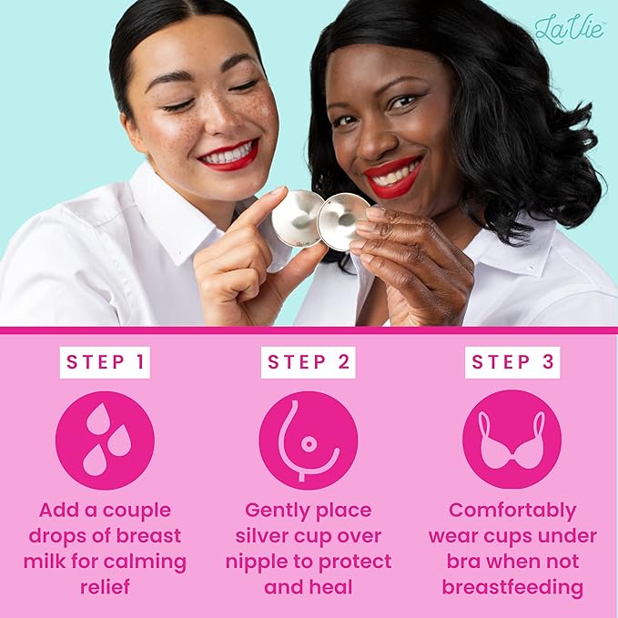 LaVie™ Silver Nursing Cups for Breastfeeding, Soothing Protection for Nursing Nipples of Newborns, Natural Relief for Nursing Moms, 925 Silver Nipple Covers All Natural (Size 2)