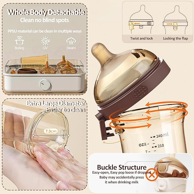 PPSU Baby Bottle, Bottles for Breastfed Babies with Handles and Straw, Flip-top Anti-Colic Baby Bottles 8oz/240mL 10+ Months