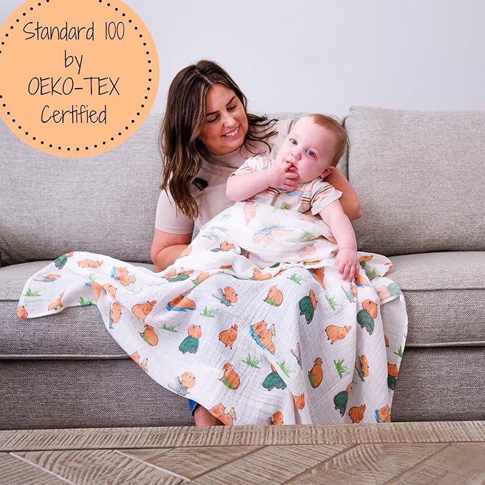 LollyBanks Swaddle Blanket, 100% Cotton Muslin Swaddle Blankets, Neutral Swaddle Blanket 47 x 47 Inches, Baby Blanket for Boys and Girls, Baby Essentials, Registry (Capybara Print)