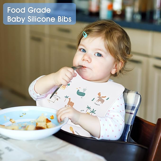 2 Pack Silicone Baby Bibs Adjustable Fit Waterproof Bib With Leak Proof Food Pouch Catcher for Eating Boys Girls