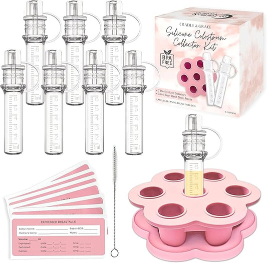 Cradle & Grace Colostrum Collection Kit with Multi-Use Storage Tray, 6ml/7pcs Presterilized Silicone Colostrum Collector, Reusable Colostrum Syringes Freezer Safe, Heat Safe, Breast Feeding Essentials