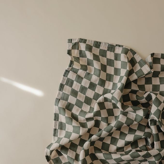 mushie Muslin Baby Swaddle Blanket | 100% Organic Cotton (Olive Check)