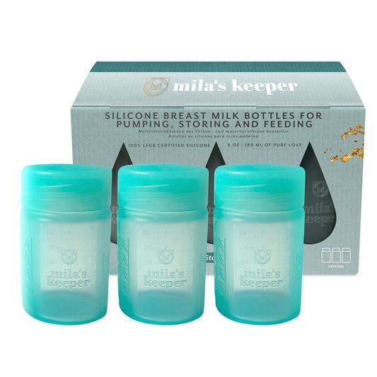Mila's Keeper Premium Silicone Breast Milk Storage Bottles, for Pumping, Storing and Feeding, Fits Leading Pumps and Nipples, 6 oz Silicone Milk Storage Containers, Wide Neck Ocean Mist, Set of 3