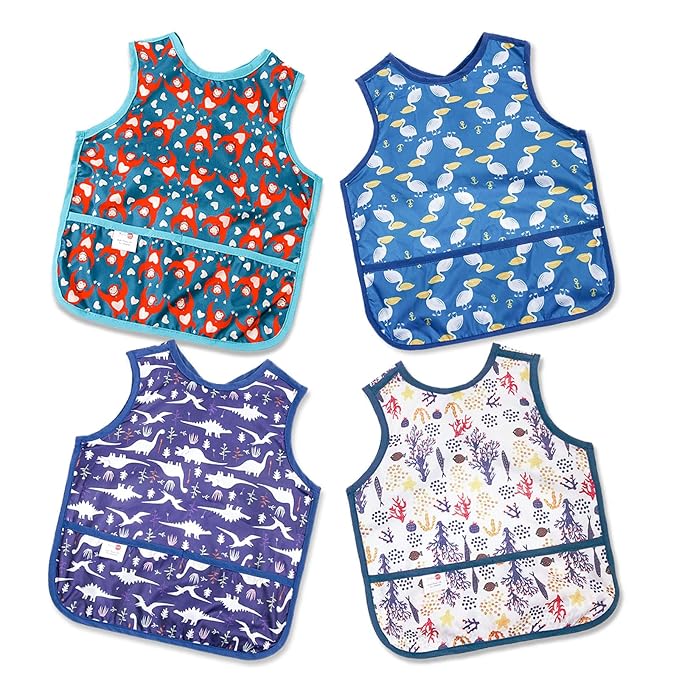 Joyo roy Mess Proof Baby Bibs for Eating Waterproof Toddler Bibs 1-3 Years Soft Machine Washable Sleeveless Baby Smock Bib for Boys Travel Reusable Led Weaning Apron for Feeding Bib with Food Catcher