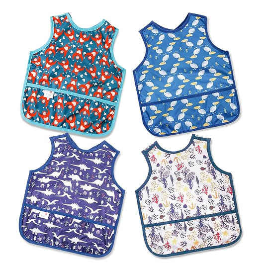 Joyo roy Mess Proof Baby Bibs for Eating Waterproof Toddler Bibs 1-3 Years Soft Machine Washable Sleeveless Baby Smock Bib for Boys Travel Reusable Led Weaning Apron for Feeding Bib with Food Catcher
