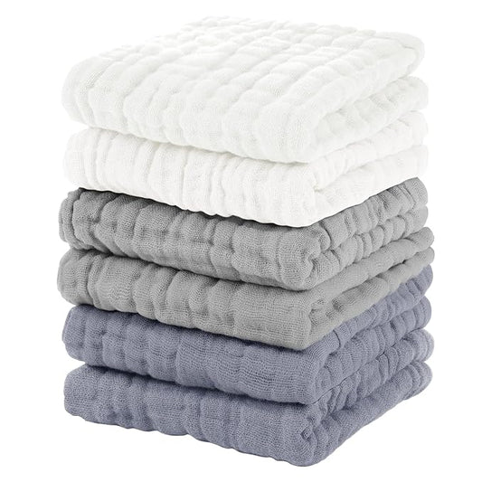 Muslin Baby Washcloths 6 Pack, 100% Cotton Wash Cloths for Babies, Large 12''X12'' Burp Cloths Absorbent and Soft for Newborn Infants Kids Boys Girls - White Gray