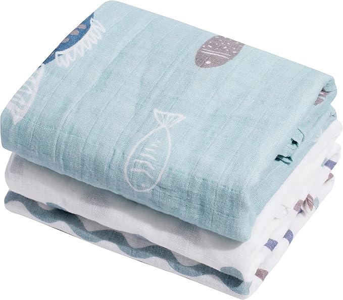 Muslin Baby Quilt 100% Cotton Newborn Blanket 47" X 47" 2 Layers Muslin Swaddle for Boy and Girl (Ocean Series)