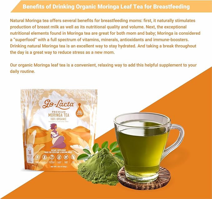 Go-Lacta Organic Moringa Tea – Increase Breast Milk Supply – Natural Lactation Tea for Breastfeeding Moms – Caffeine-Free Herbal Galactagogue – Prenatal Safe – 32 Servings