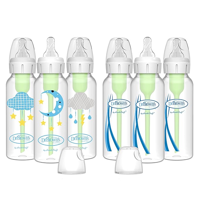 Dr. Brown’s Natural Flow® Anti-Colic Options+™ Narrow Baby Bottles 8 oz/250 mL, with Level 1 Slow Flow Nipple, 6 Pack, 0m+ Moon/Clouds Gift Set