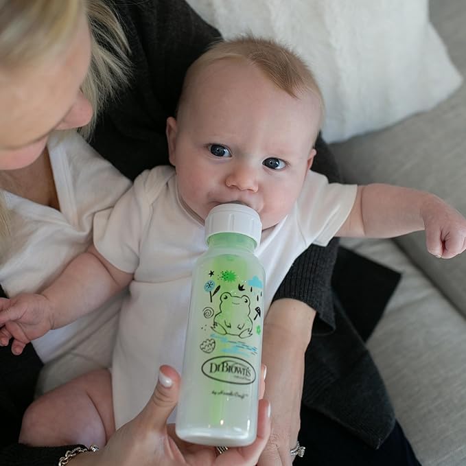 Dr. Brown's Natural Flow Anti-Colic Options+ Narrow Baby Bottle, Pig & Frog, 8 oz/250 mL, with Level 1 Slow Flow Nipple, BPA Free, 0m+, 2-Pack