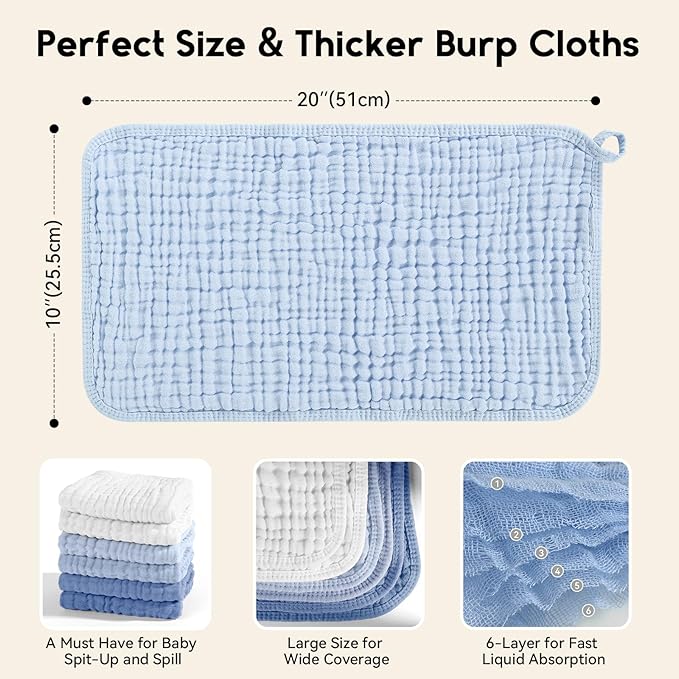Muslin Burp Cloths for Baby 100% Cotton Burping Cloths for Boys Girls Large 20''X10'' Extra Soft and Absorbent 12 Pack - Gradient White Blue