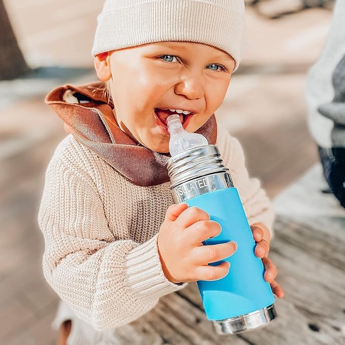 Pura Kiki 9oz/260ml Stainless Steel Insulated Sippy Bottle w/Sleeve, Plastic-Free, MadeSafe Certified, Medical-Grade Silicone Sipper Spout Fast Flow Rate for Kids, Toddlers, Babies & Infant – Moss