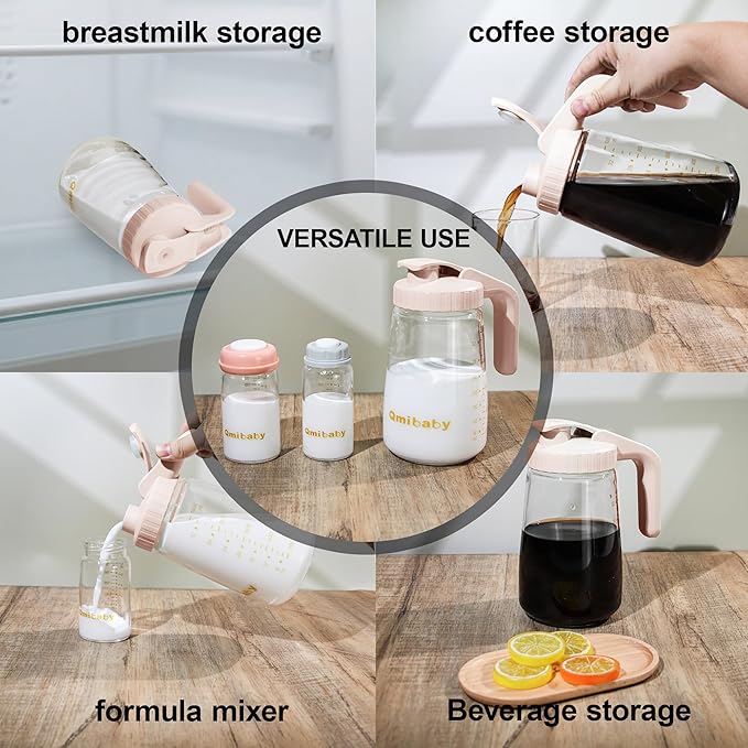 34oz Breast Milk Pitcher, Breast Milk Storage Containers for Fridge, Breastfeeding Essentials with Sealing Ring, No Leak Glass Pitcher with Handle and Lid for Ice Tea Juice Pink