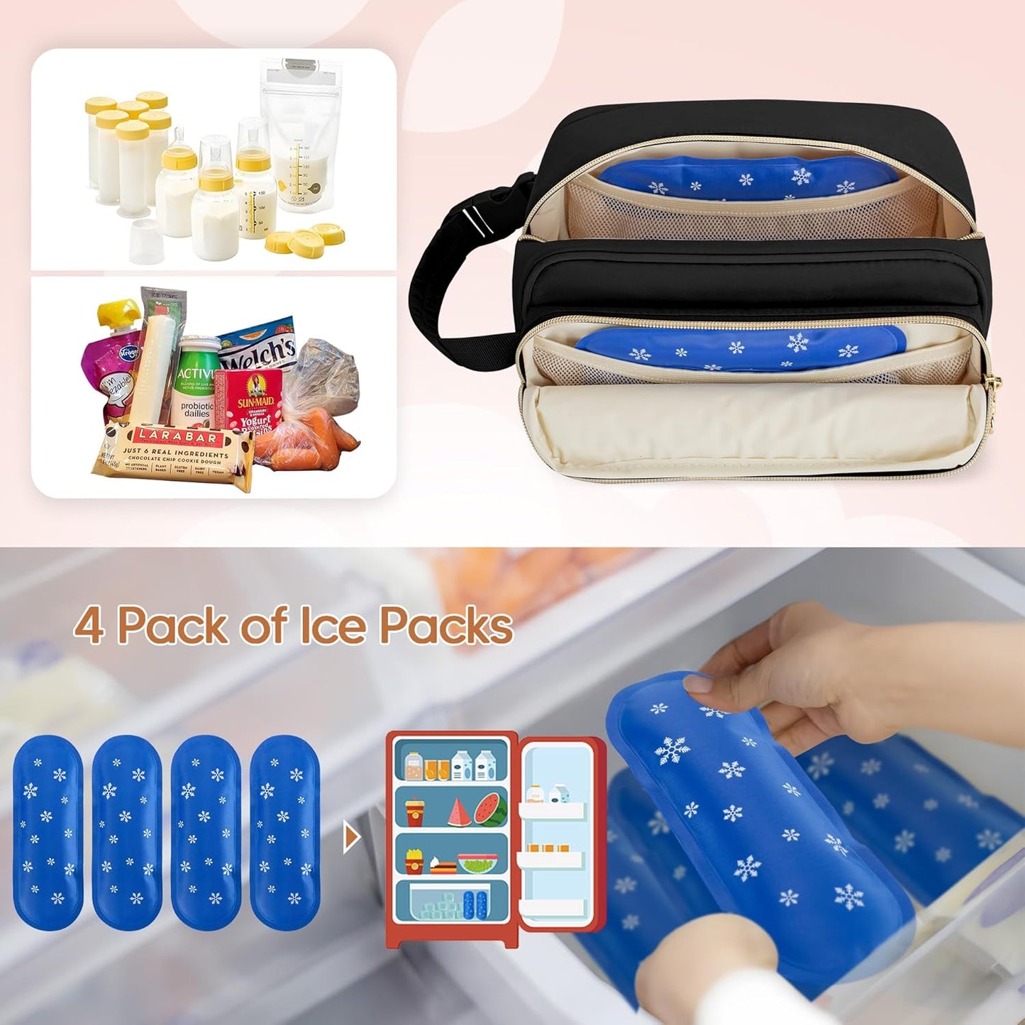 Damero Breastmilk Cooler Bag with 4 Ice Packs, Breast Milk Cooler Travel Bag Fit for Milk Bags or Bottles, with Buckle Handle for Breastfeeding Moms Travel/Daycare, Black