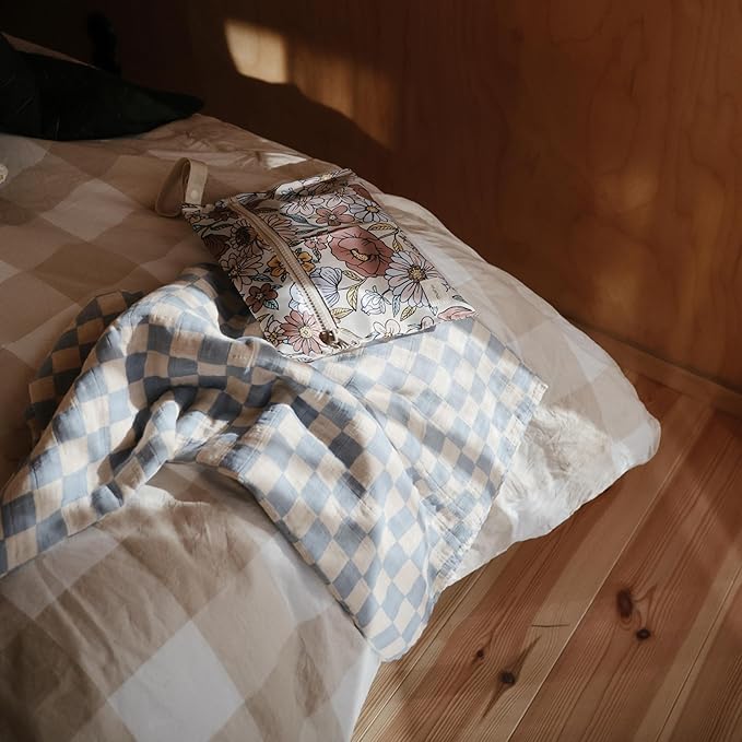 mushie Muslin Baby Swaddle Blanket | 100% Organic Cotton (Blue Check)