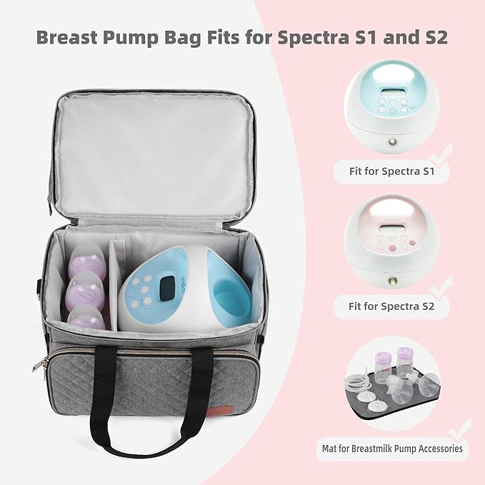 Breast Pump Bag Fits for Spectra S1 and S2, Double Deck Pumping Bag with Waterproof Mat for Pump Accessories, Pump Carrying Bag for Moms Work, Travel - Grey