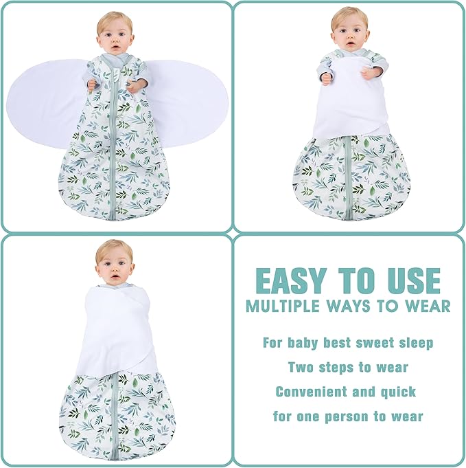 Newborn Sleep Sack Baby Swaddle,3-6 Months,3-Way Adjustable Wearable Blanket,100% Rayon Cotton Swaddling Sleeping Bag，TOG 0.5（Banana&Leaf）