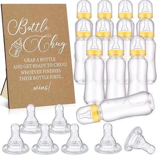 TrelaCo Cool Baby Shower Games Wooden Bottle Chug Sign Rustic Theme Gift Sets and 12 Pcs Baby Bottle Shower Favor for Kraft Games Gender Reveal (Rustic Kraft)