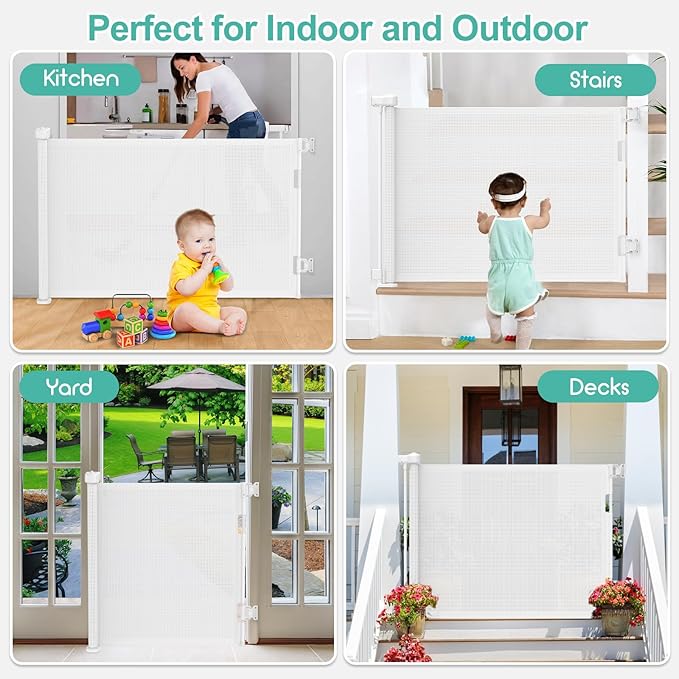 71 inch Retractable Baby Gates, EZIGO Extra Wide Baby Gate for Large Opening Extra Long Mesh Gate for Kids or Pet Dog Gate Child Safety Gate for Stairs Hallways Doorway Indoor Outdoor, White
