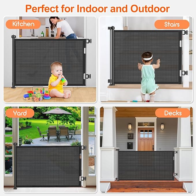 71 inch Retractable Baby Gates, EZIGO Extra Wide Baby Gate for Large Opening Extra Long Mesh Gate for Kids or Pet Dog Gate Child Safety Gate for Stairs Hallways Doorway Indoor Outdoor, Black