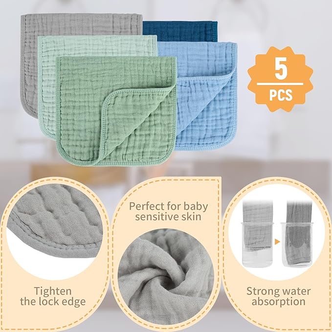Baby Burp Cloth 100% Cotton Newborn Cotton Muslin Burp Cloth 10x20 inches (Blue & Green 5 Pieces)