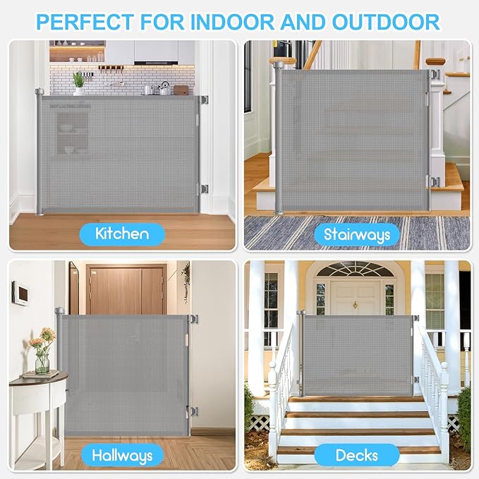 71 Inch Retractable Baby Gates Extra Wide, 41 Inch Reinforced Extra Tall Mesh Safety Gate for Kids Pets, Retractable Dog Gate Baby Retractable Gate for Stair Hallways Doorway Indoor Outdoor, Gray