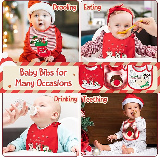 3Pcs Christmas Baby Cotton Bibs with Resin Button Newborn Infant Bibs Christmas Keepsake Baby Gift for Drooling Feeding