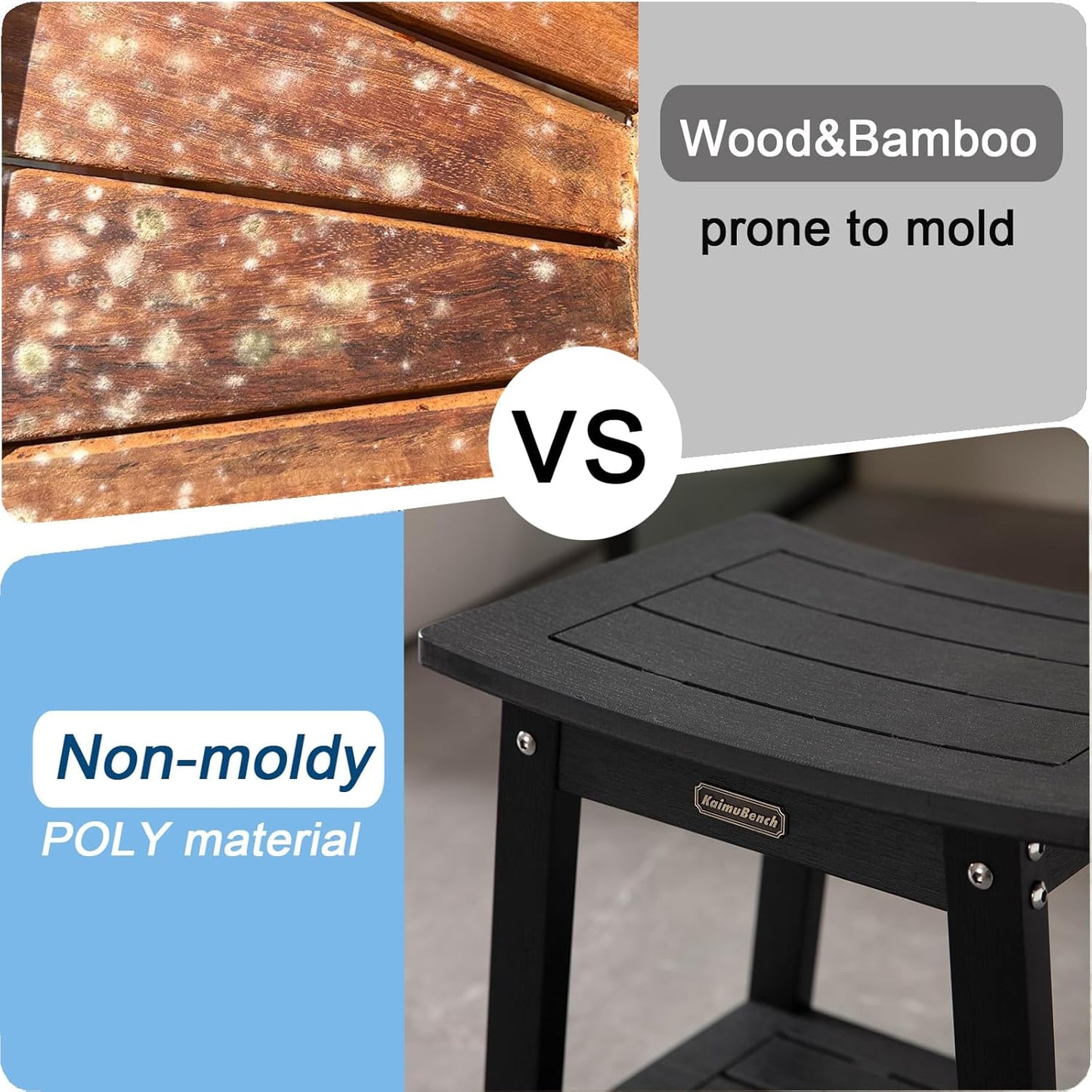 HDPS Shower Stool Waterproof, Bench Seat for Shaving Legs, Plastic Chair for Inside Shower, Foot Rest With Adjustable Feet, Non-Slip/No Maintenance, Black