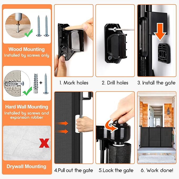 Upgrade 120 inch Retractable Baby Gates, EZIGO Extra Wide Baby Gate for Large Opening Extra Long Mesh Gate for Kids or Pet Dog Gate Child Safety Gate for Stairs Hallways Doorway Indoor Outdoor, Black