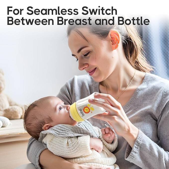 YOHKOH Glass Baby Bottles with Slow Flow Nipple, Newborn Anti-Colic Baby Bottles for 0+ Months, Wide Neck Feeding Bottle, Clear (Yellow, 5oz (Pack of 4))