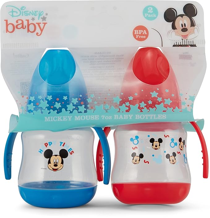 Disney 2 Pack 7 Ounce Baby Bottles with Character Prints and Colored Covers with Double Handle - BPA Free and Easy to Clean