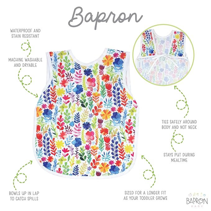 BapronBaby Rainbow Watercolor Floral Bapron - No Neck Tie Safer Bib for Baby & Toddler - Soft Waterproof Stain Resistant - Machine Washable - Sz Baby/Toddler 6m-3T