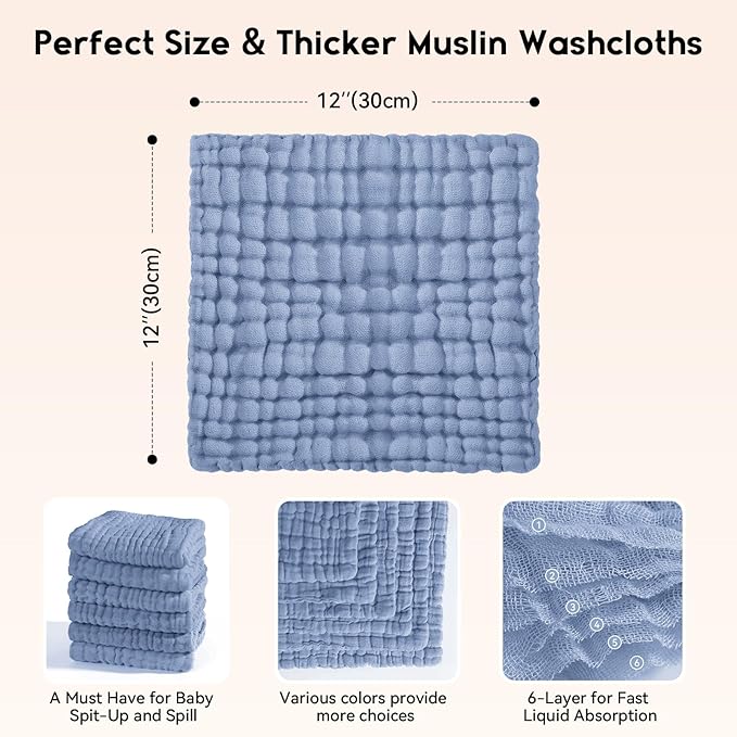 Muslin Baby Washcloths 6 Pack, 100% Cotton Wash Cloths for Babies, Large 12''X12'' Burp Cloths Absorbent and Soft for Newborn Infants Kids Boys Girls - Sapphire Blue