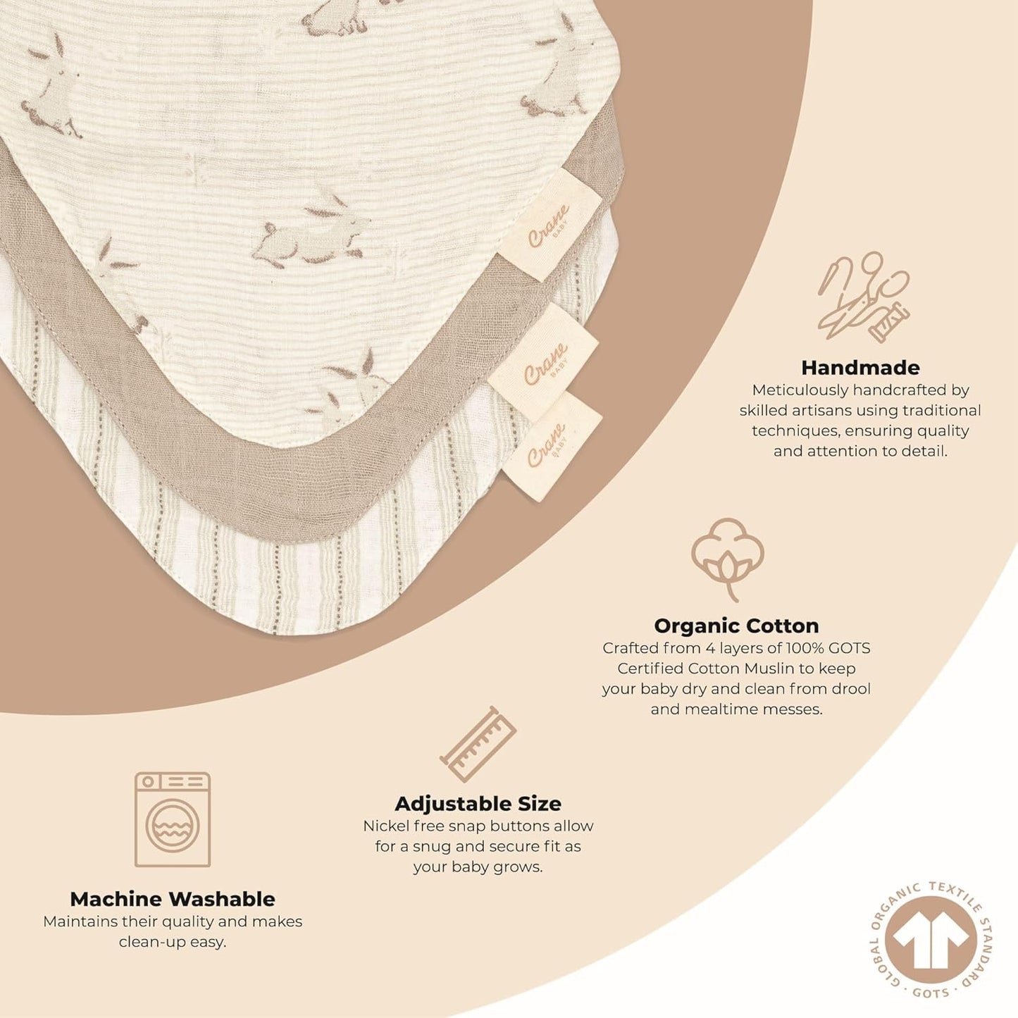 Crane Baby 100% Organic Cotton Baby Bibs, 3-pc. Set, Bunny Pattern For Boys, Girls, Unisex, Feeding, Drooling, Teething Bibs