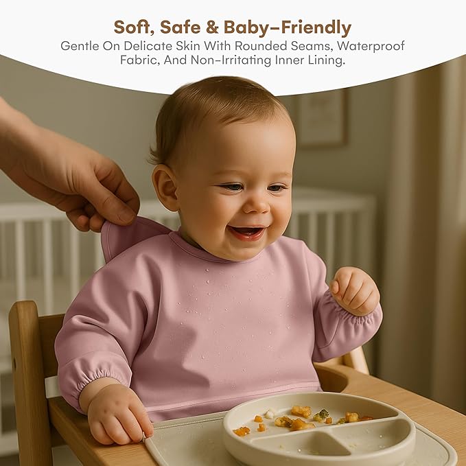CHILDLIKE BEHAVIOR Baby Smock Bib - Waterproof Travel Buddy, Mess-Proof Feeding - Long Sleeves, Gentle Closure- Two-Layer