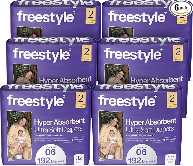 Freestyle BambooTek Diapers – (Size 2) Hyper Absorbent & Non-Toxic – Disposable Diapers for Sensitive Skin – Ultra Soft Diapers (12-18 lbs) – 192 Count