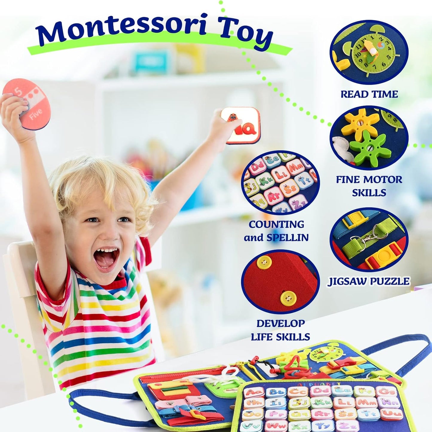 TenFans Montessori Busy Board | 1-4 Year Old Toddler Learning Toy | Fine Motor Skills Development | Montessori Sensory Playset | Early Childhood Education Tool | Portable Travel Preschool Activity Kit