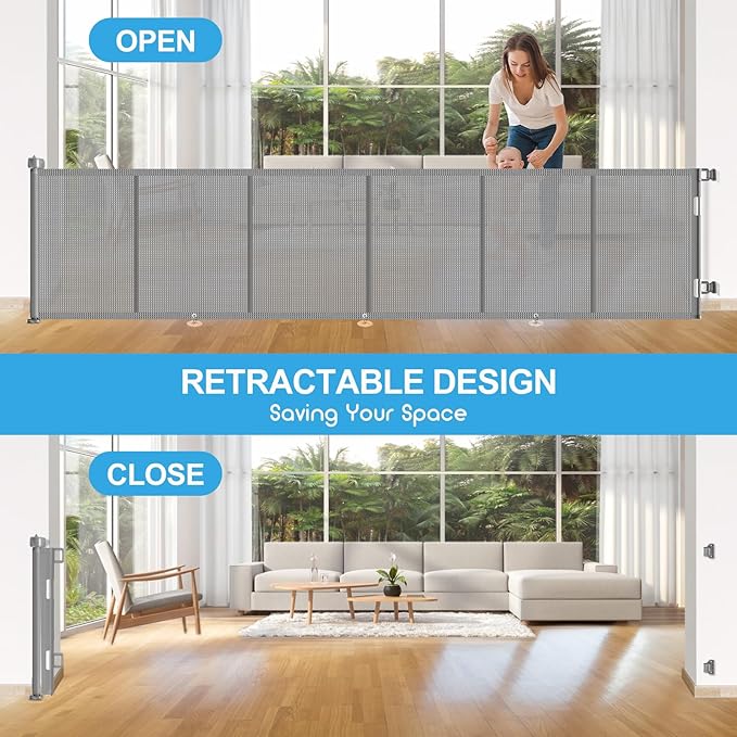 Upgrade 120 inch Retractable Baby Gates, EZIGO Extra Wide Baby Gate for Large Opening Extra Long Mesh Gate for Kids or Pet Dog Gate Child Safety Gate for Stairs Hallways Doorway Indoor Outdoor, Gray