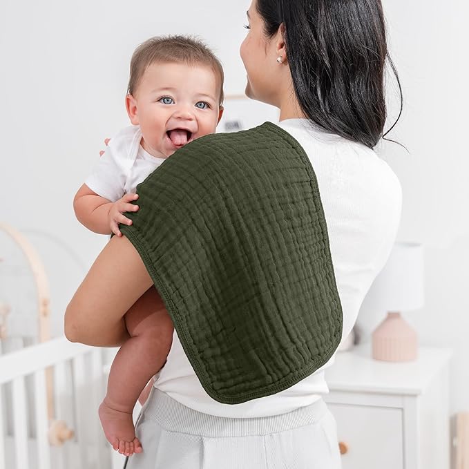 Comfy Cubs Muslin Burp Cloths 20" x 10", Pack of 10 - Large, 6-Layer, Ultra Absorbent 100% Cotton for Baby Drool and Messes - Soft, Safe & Gentle Baby Burp Cloths for Boys & Girls - Kelp